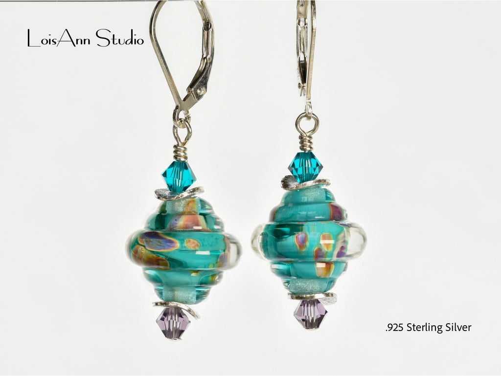 Teal Lampwork Glass Earrings: Sterling Silver, Handmade Artisan Jewelry