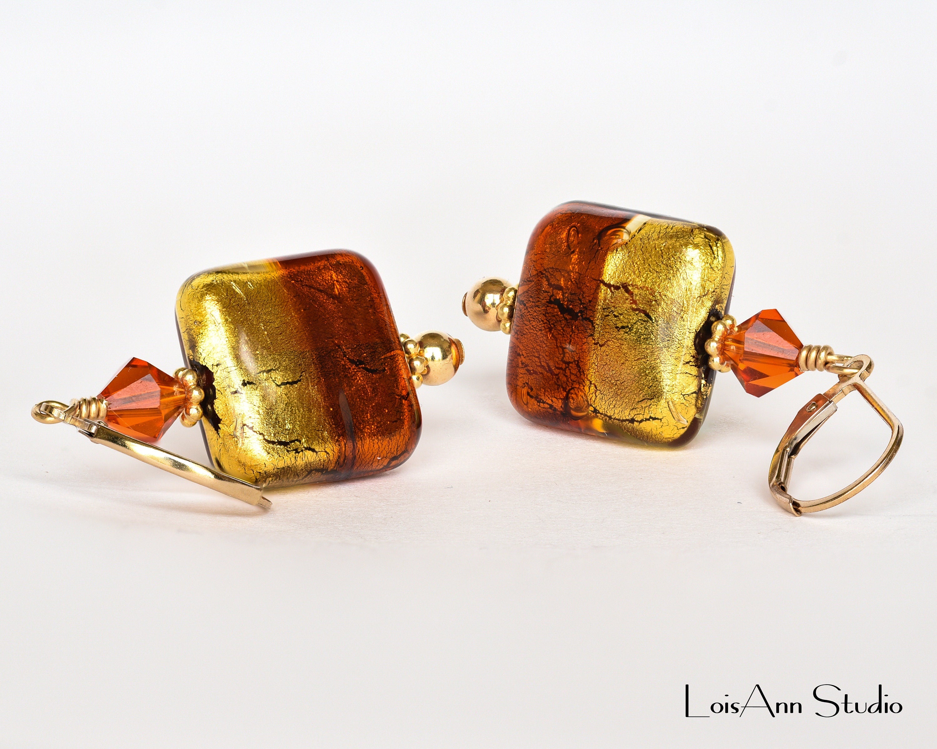 Topaz Murano Glass Earrings: 24kt Gold Foil, 14kt GF Ear Wires