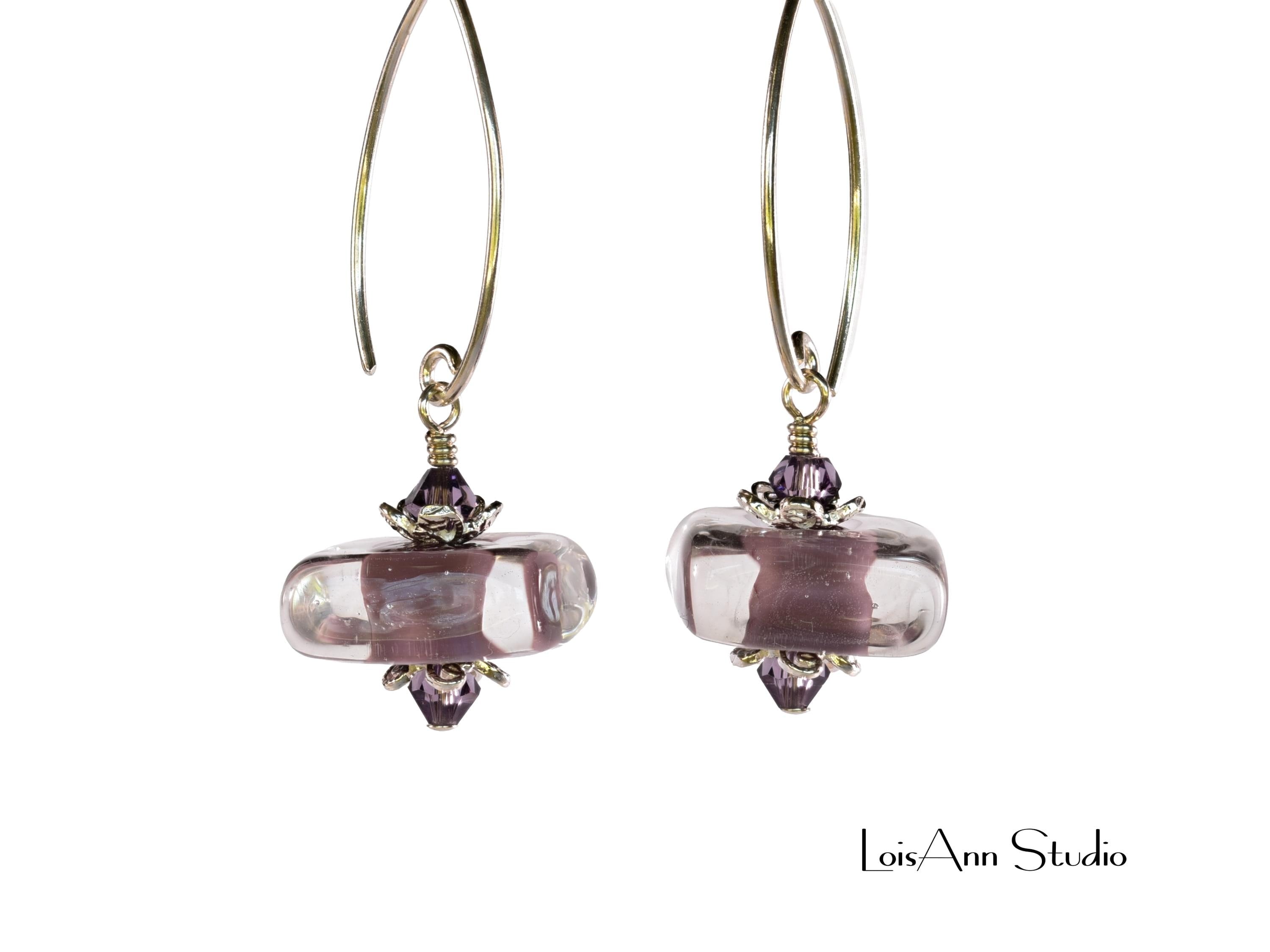 Lampwork Glass Earrings: Handmade, Lavender Artisan Beads, Sterling Silver