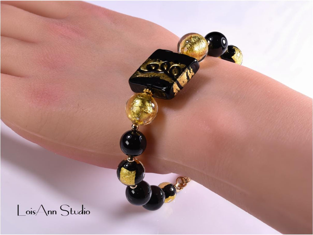 Murano Glass Bracelet, Black and Gold, 14kt Gold Filled, Adjustable