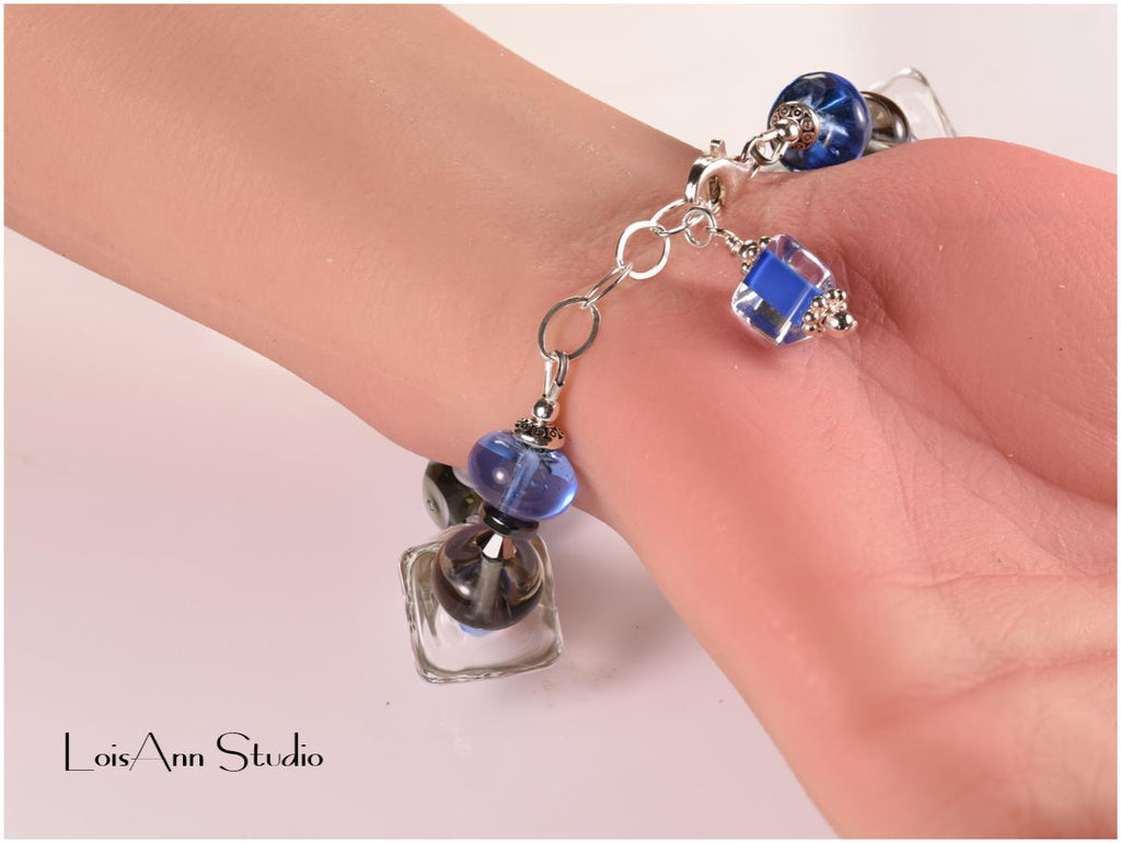 Blue Lampwork Glass Bracelet: Sterling Silver, Adjustable Artisan Jewelry
