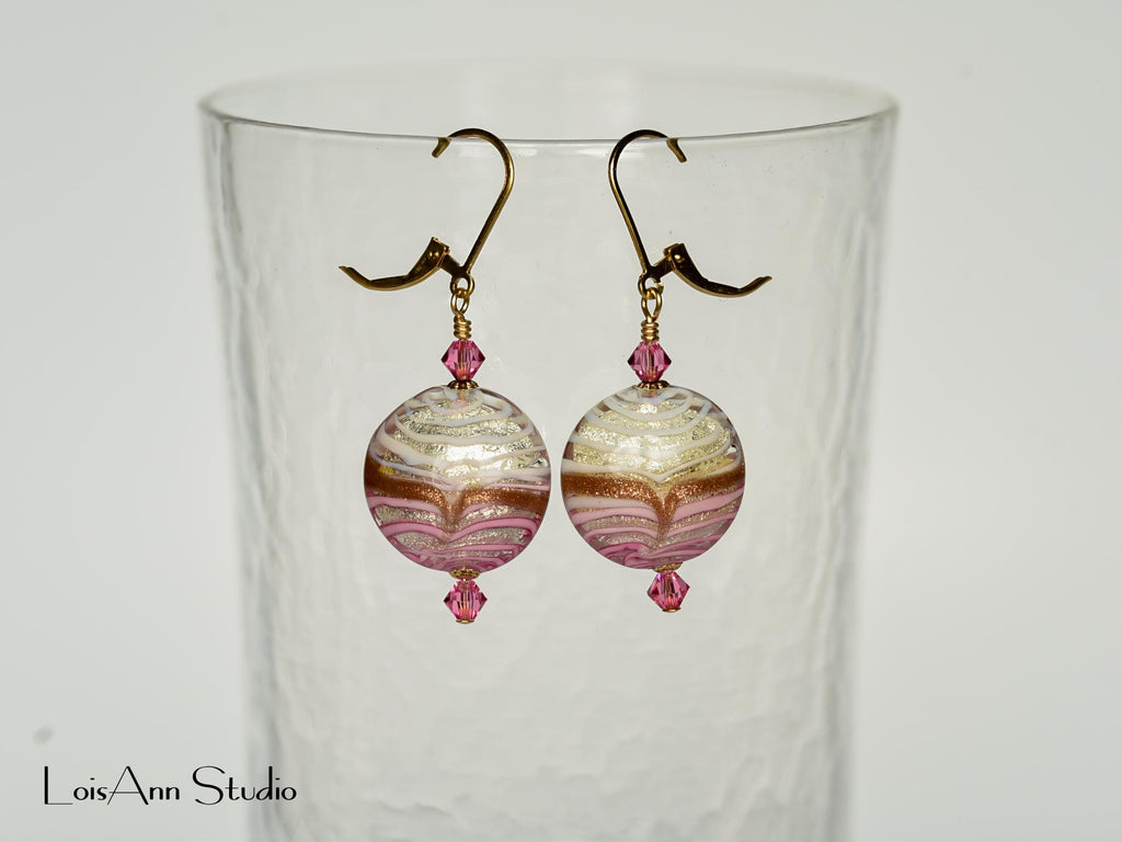 Murano Glass Earrings: Pink, Gold Foil, Aventurina, 14K Gold Filled