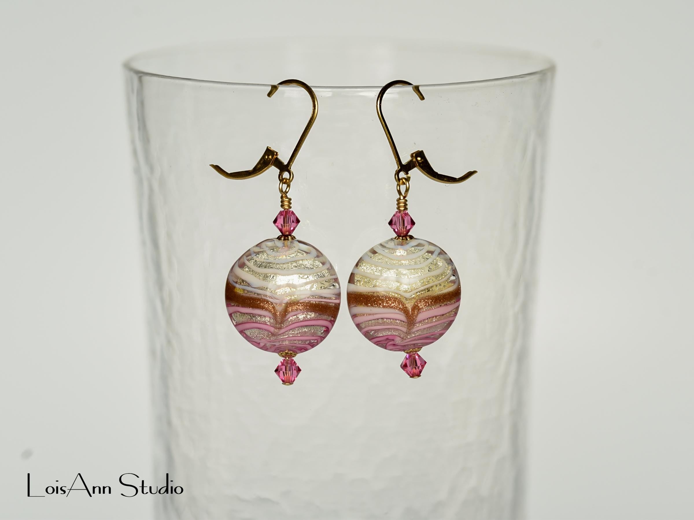 Murano Glass Earrings: Pink, Gold Foil, Aventurina, 14K Gold Filled