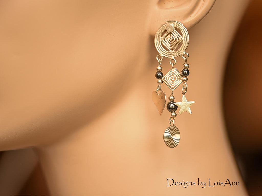 Sterling Silver Chandelier Earrings: Hematite Beads & Dangle Charms
