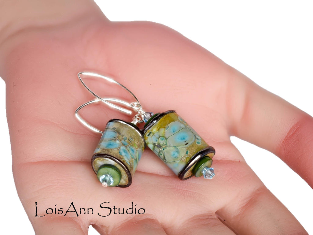 Green Lampwork Beaded Earrings:  Olive Green and Turquoise Blue, Sterling Silver