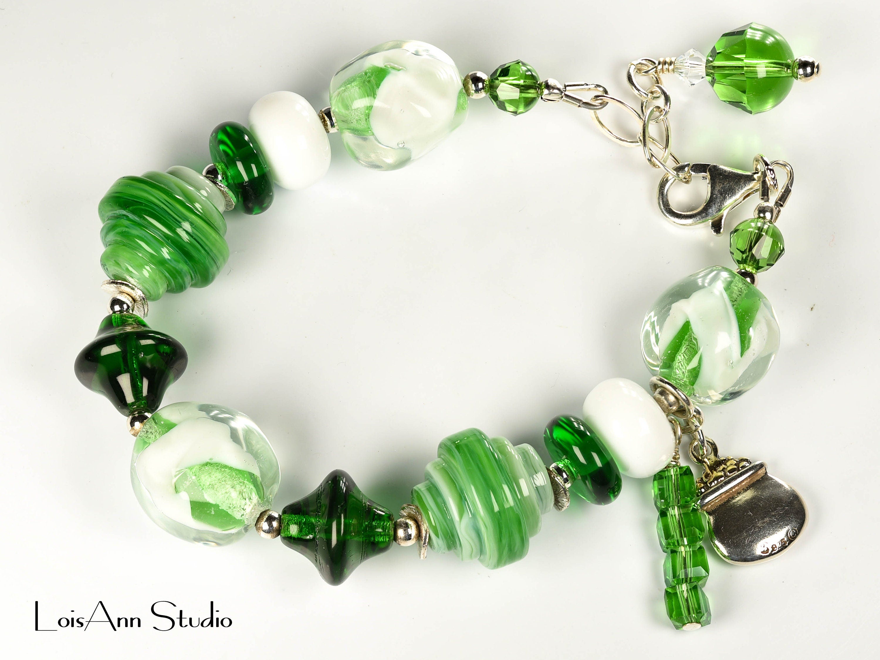 Lucky Lampwork Bracelet, Green and White, One of a Kind, St. Patrick's Day, Sterling Silver