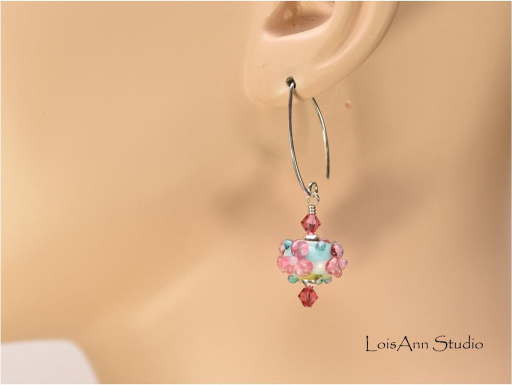 Pink Lampwork Beaded Earrings: Sterling Silver, Swarovski Crystals