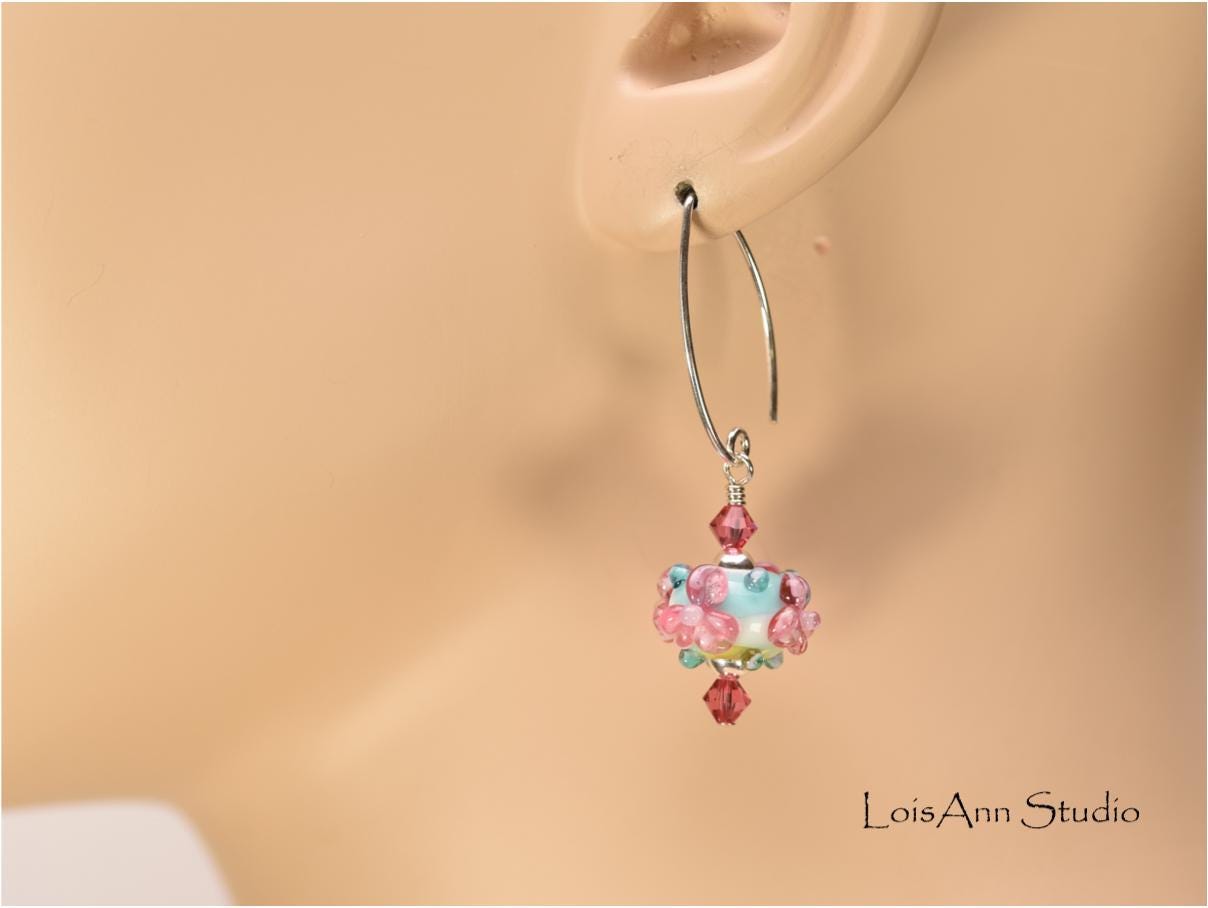 Pink Lampwork Beaded Earrings: Sterling Silver, Swarovski Crystals