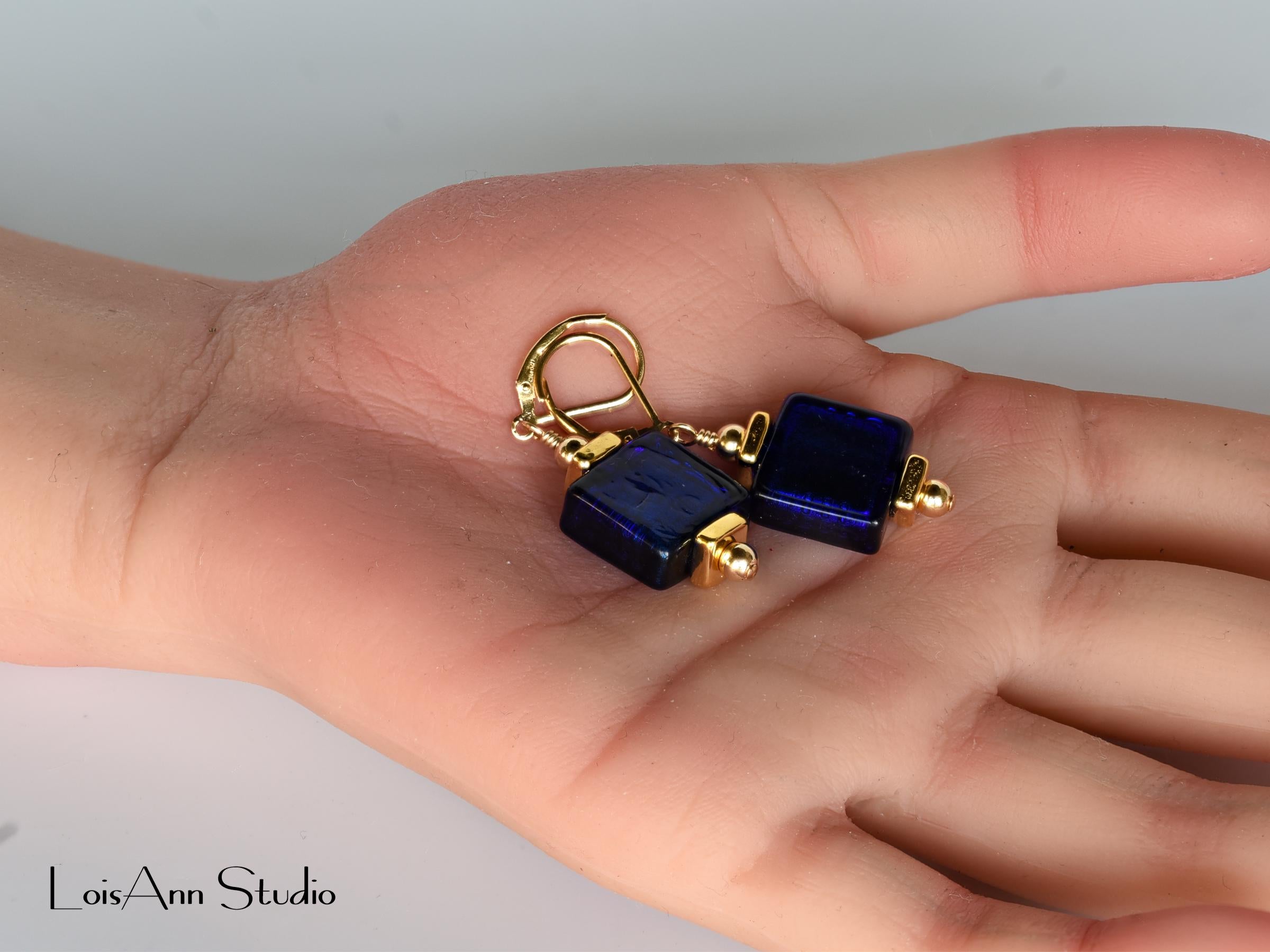 Cobalt Blue and 24K Gold Foil Earrings:  Navy Blue Earrings, Venetian Murano Glass, 14K Gold Filled, Gift for Her, Free Shipping