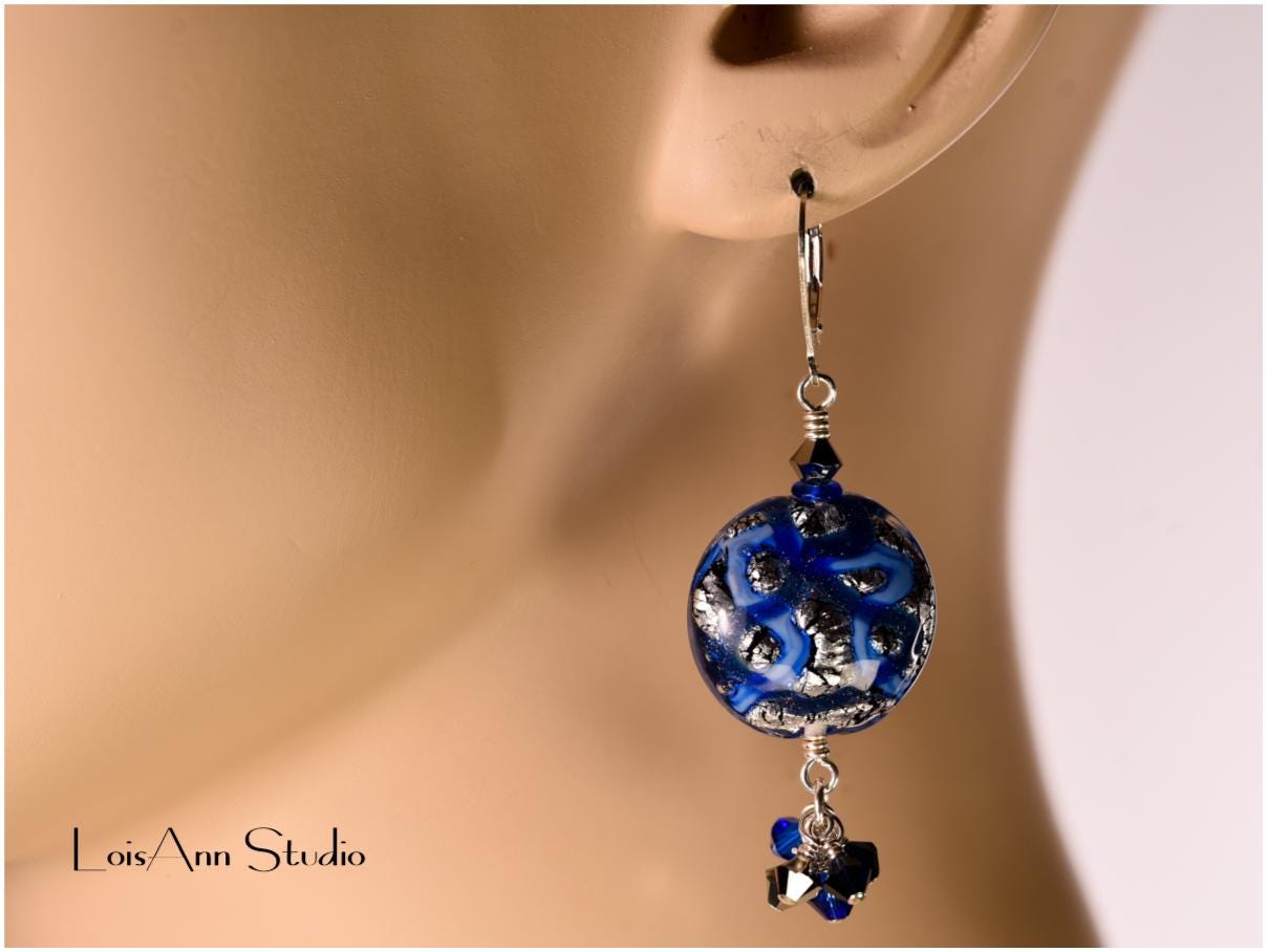 Murano Glass Beaded Earrings: Sterling Silver, Handmade, Sapphire Blue Dangles