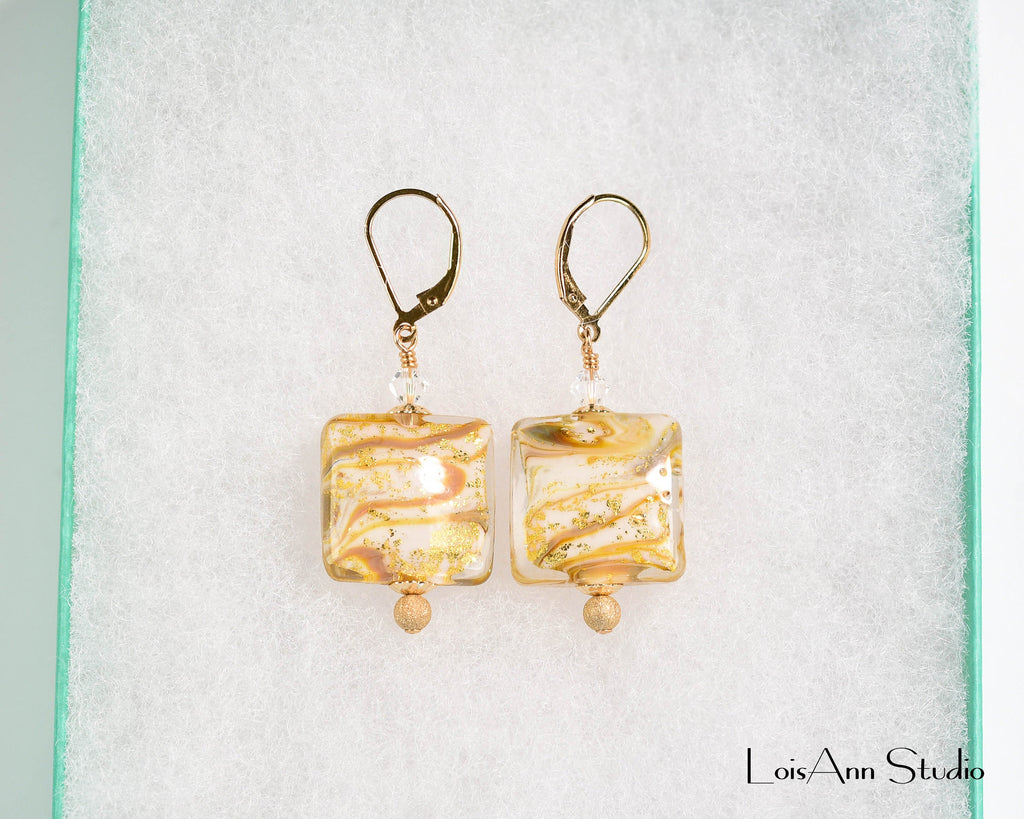 Rare Calcedonia Murano Glass 24kt Gold Foil Earrings, 14kt Gold Filled Lever Back Ear Wires for Pierced Ears, Handmade Lampwork