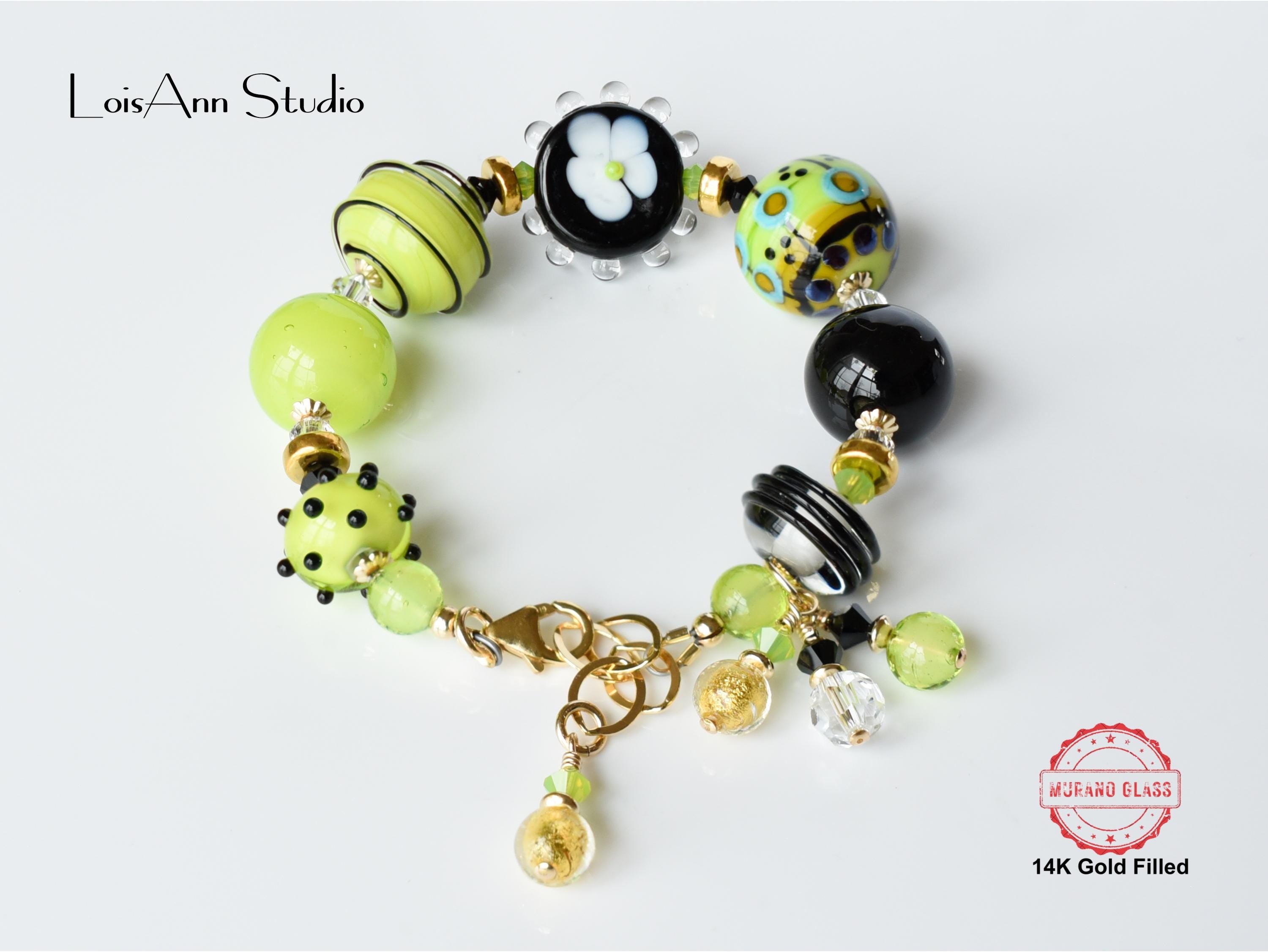 Lime Green Lampwork Glass Bracelet: 14kt Gold Filled, Artisan OOAK Jewelry