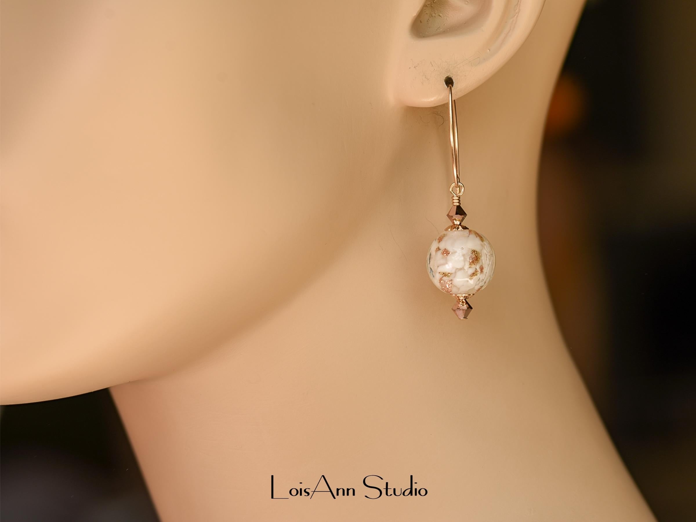 Murano Glass Beaded Earrings: White, Aventurina, 14K Gold Filled