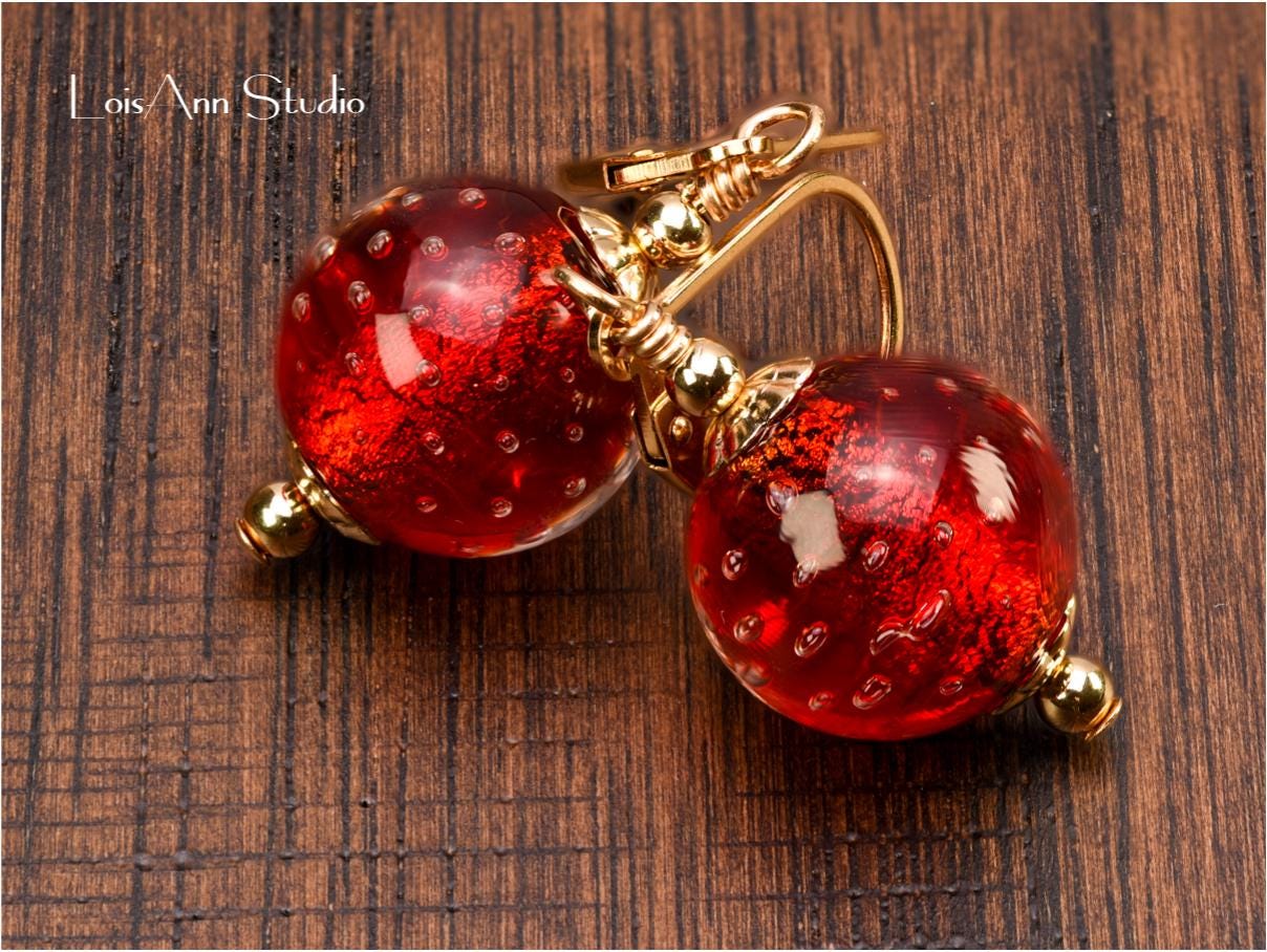 Red Murano Bollicine Glass Earrings, Lampwork Beads, 14kt Gold Filled