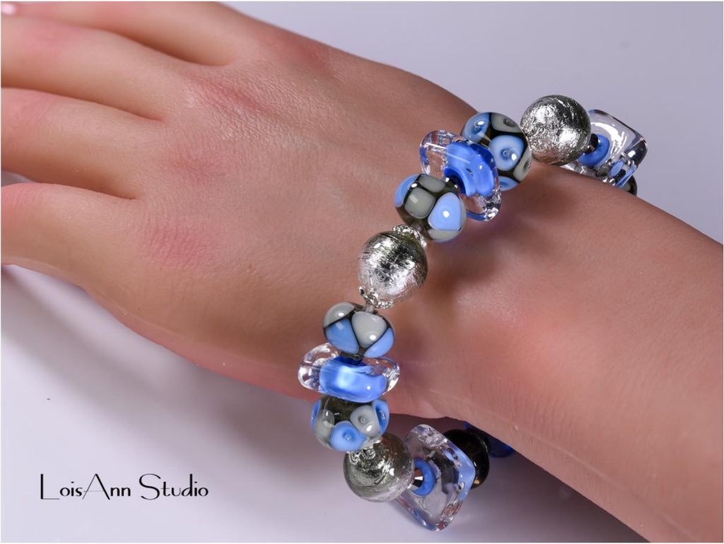 Blue Lampwork Glass Bracelet: Sterling Silver, Adjustable Artisan Jewelry