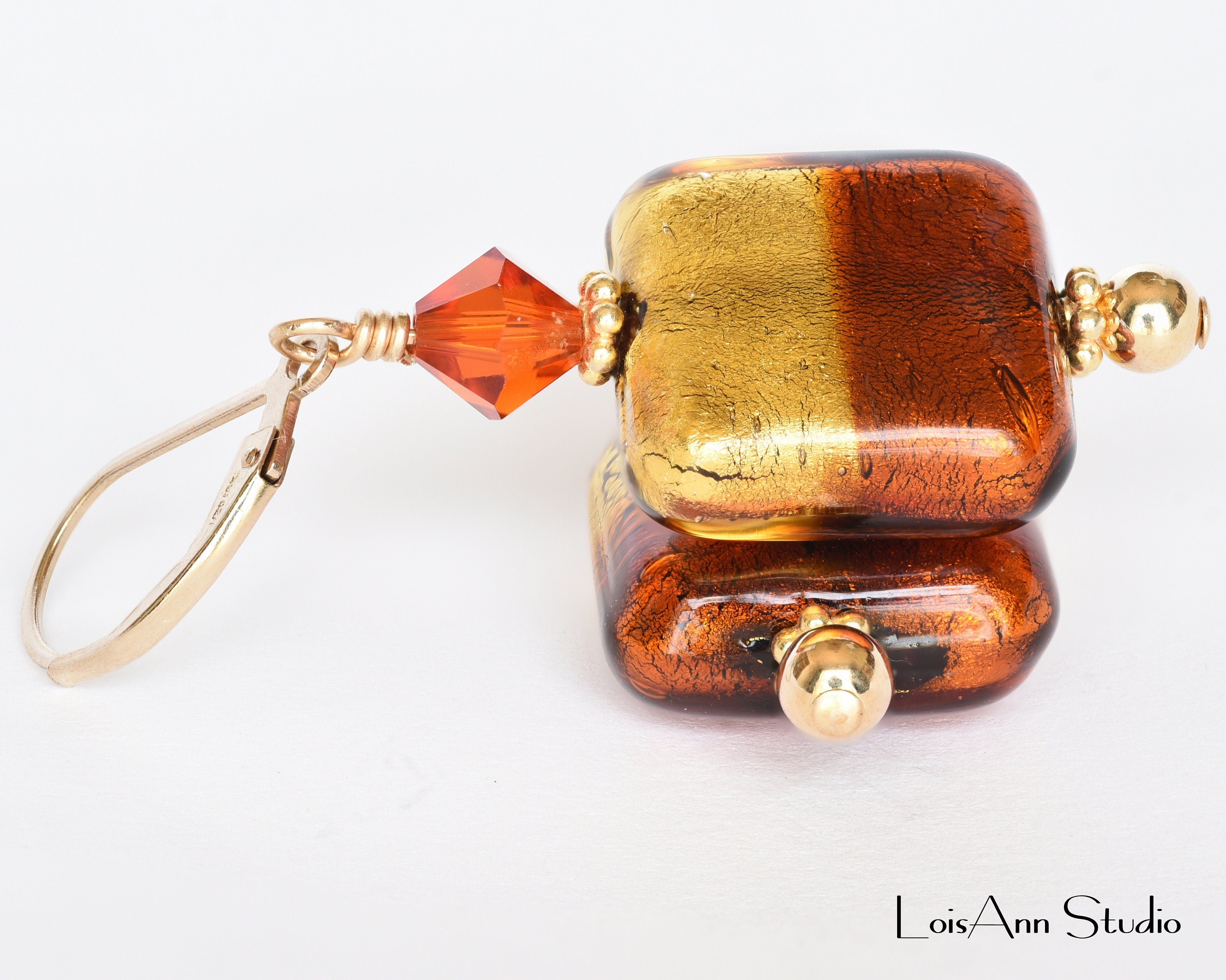 Topaz Murano Glass Earrings: 24kt Gold Foil, 14kt GF Ear Wires