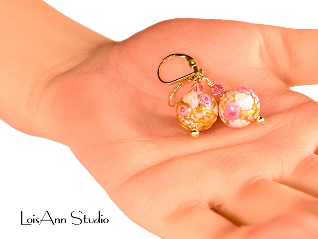 1-1/2 Inch Venetian Murano Pink Rose Earrings, 14K Gold Filled, Gift Worthy