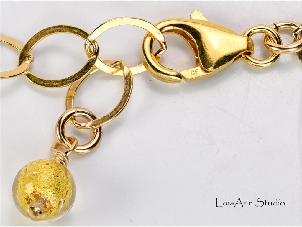 Black Murano Glass Necklace: 24kt Gold Foil, 14kt Gold Filled Chain